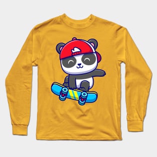 Cute Panda Playing Skateboard Cartoon Long Sleeve T-Shirt